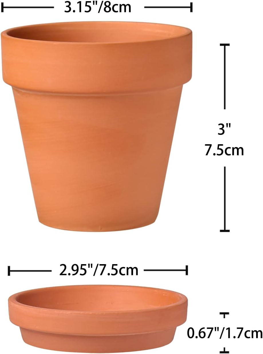 Hollyone 8-delad liten terrakottakruka, 8x8 cm runda lerkrukor med tallrik och dräneringshål, små planteringskärl med bricka, terrakotta-suckulentkrukor för inomhusväxter, keramiska planteringar