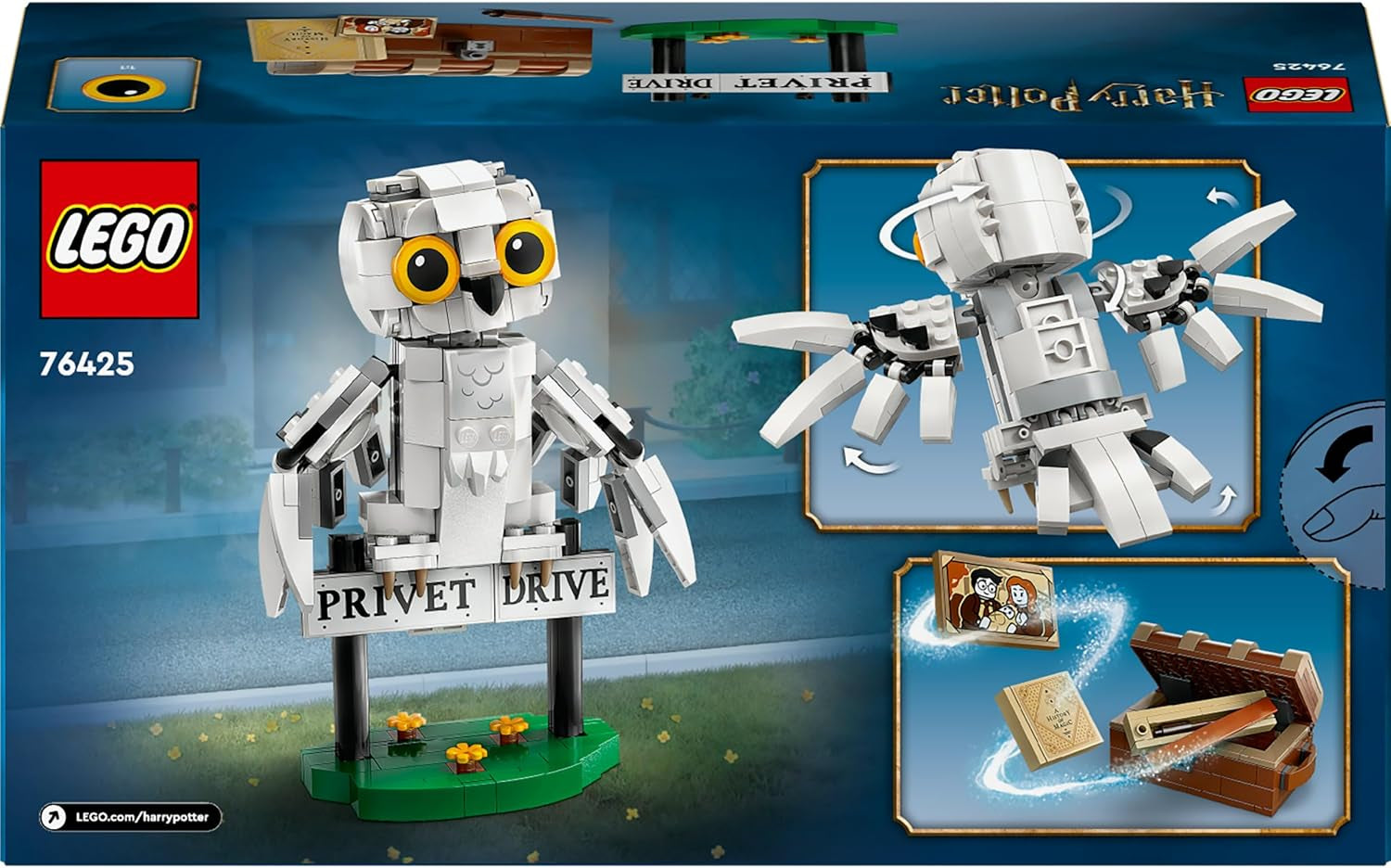 LEGO Harry Potter Hedwig i Liguster Drive 4 Set med leksaksugglor för barn, byggbar djurfigur med Hogwarts resväska, liten present till pojkar, tjejer och alla fans från 7 år 76425 Byggset Besuche den LEGO-Store