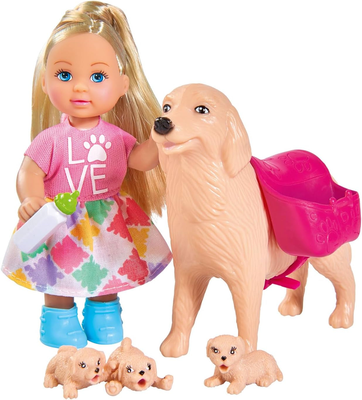 Simba 105733072 - Evi Love Dog Sitter med hund och tre valpar, tillbehör, modedocka, 12 cm, för barn från 3+