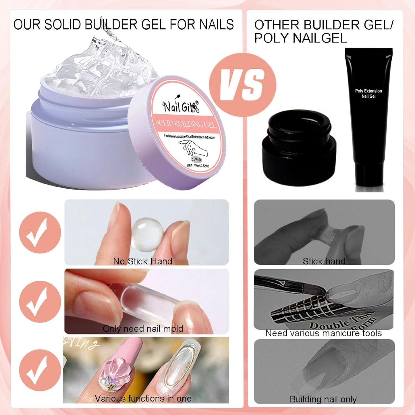 NAILGIL Solid Gel Nagellack, Solid Gel Nagellim, 3D Nail Art Skulptur med verktygsuppsättning, DIY Hemmasalong, Transparent 15G