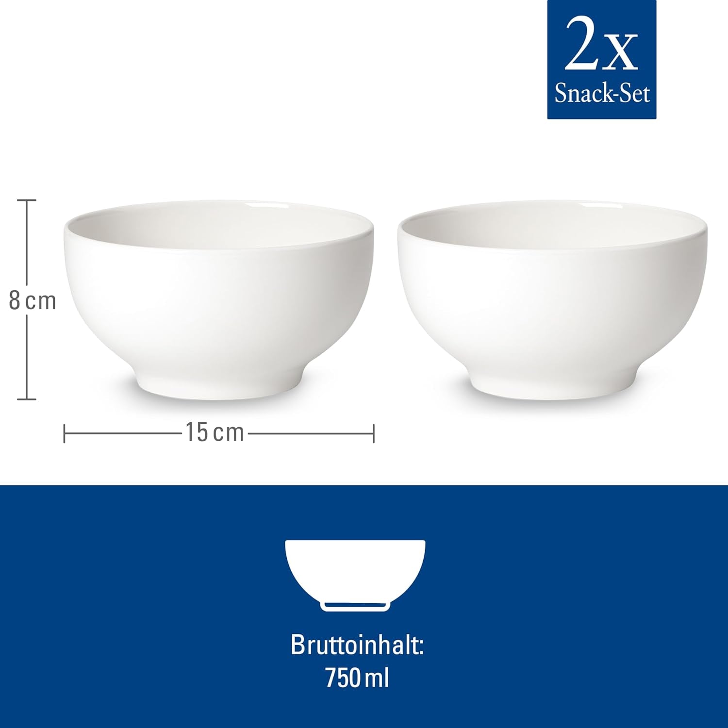 Villeroy & Boch For Me spannmålsskål set om 2, vit, diskmaskinssäker, mikrovågssäker, små skålar för 2, skålar, spannmålsskålar, mellanmål eller såser, tallrik, premiumporslin