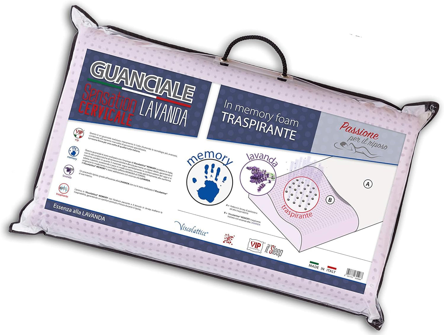 V.I.P. Very Important Kudde Tvålkudde, lockar, memoryskum, med lavendelbehandling, 42 X 72 X 11, Made in Italy, vit, C.854492 Naty Shop standardkuddar Alb Viscolattice Memory Con Trattamento Lavendel - Cervicale