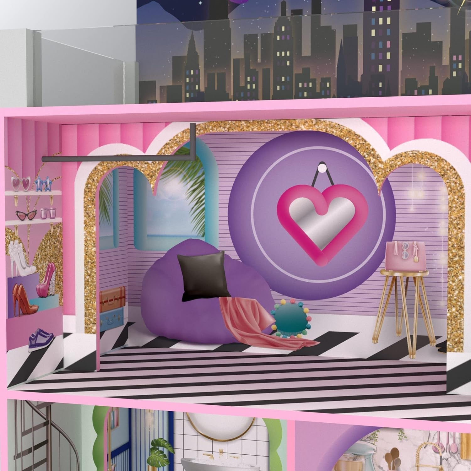 Olivia's Little World Big Dreamland Sunset samtida 3-våningars interaktivt dockhus i trä för barn med 16 dockmöbler Flerfärgade TD-13616A