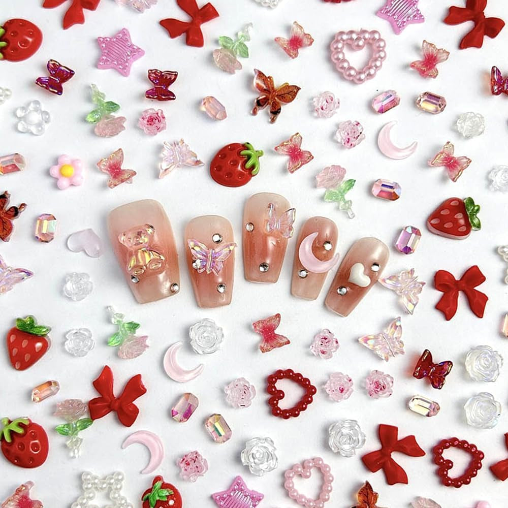 100st 3D Nail Charms Rosa Rot Kirsche Erdbeere Blume Nagel Charms Kamelie Rose Schmetterling Nail Art Charms Flatback Herz Schleife Charms Nägel Zubehör Mond Stern Nagelschmuck Nageldesign Anhänger