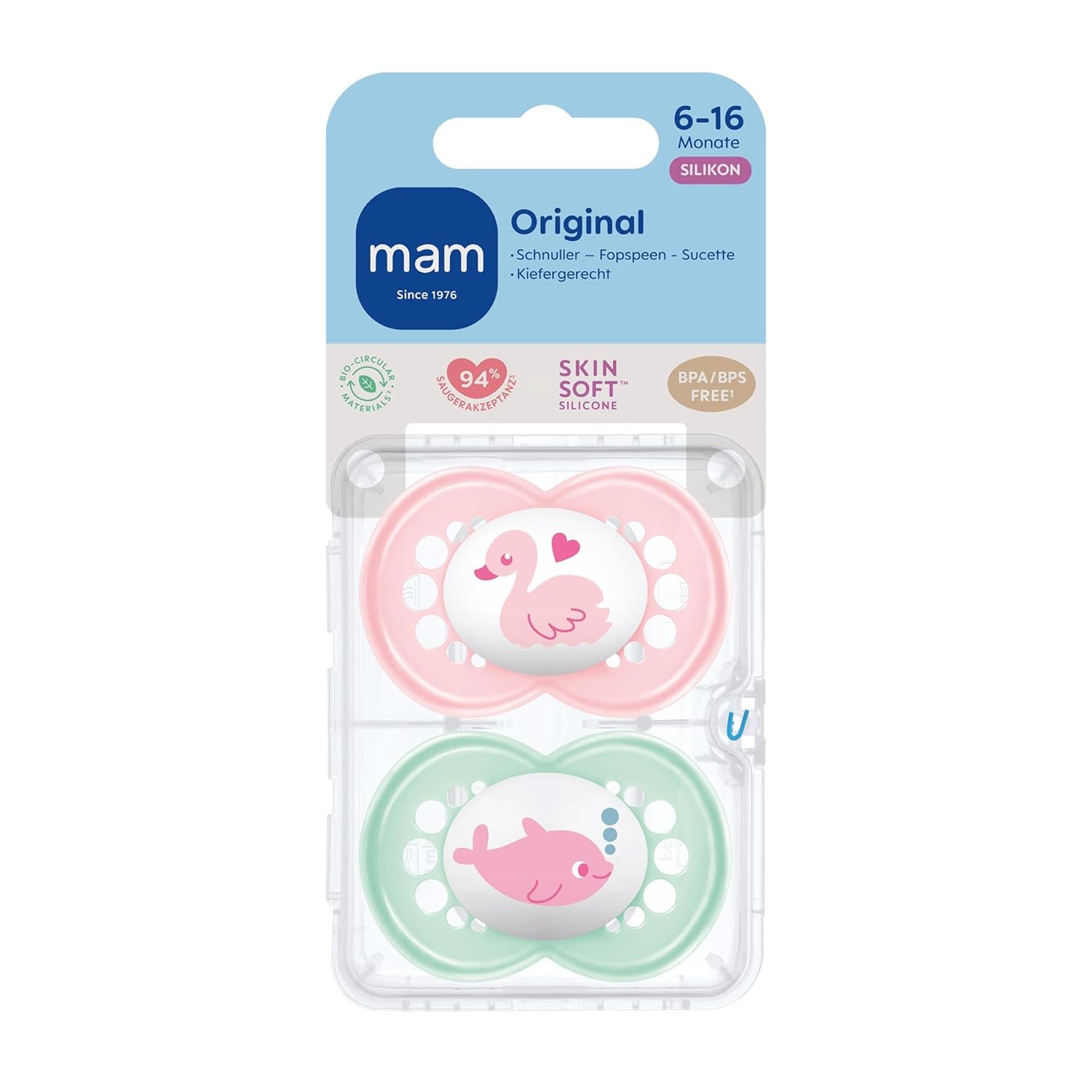 Original MAM-nappar | 6-16 måndag | Babynappar | Accepterat av 94 % | Lämplig för amning | Rekommenderas av barnmorskor | Tandvänlig | Silikon SkinSoft | Svan/Delfin | Paket om 2
