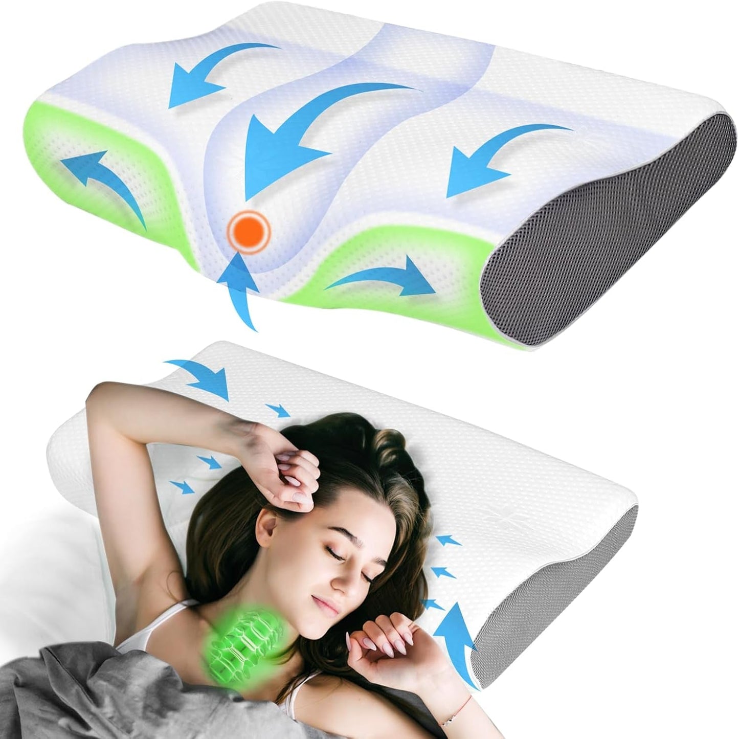 PHYSEN Ortopedisk kudde Nackkudde, Nackstödskudde, Memory Foam Kudde, Ergonomisk kudde för nacksmärta Sovkudde Anti-snarkningskudde för sidor, rygg och mage (62 * 34 * 11 6,5 cm) Cervikala ortopediska kuddar Naty Shop Butterfly White
