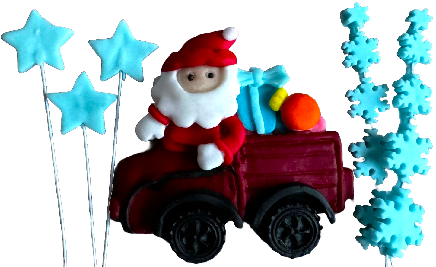 Set med 6 ätbara dekorationer från sugarpaste, jul, tomtebil, stjärnor och snöflingor Dekorationer från Sugar Paste Naty Shop