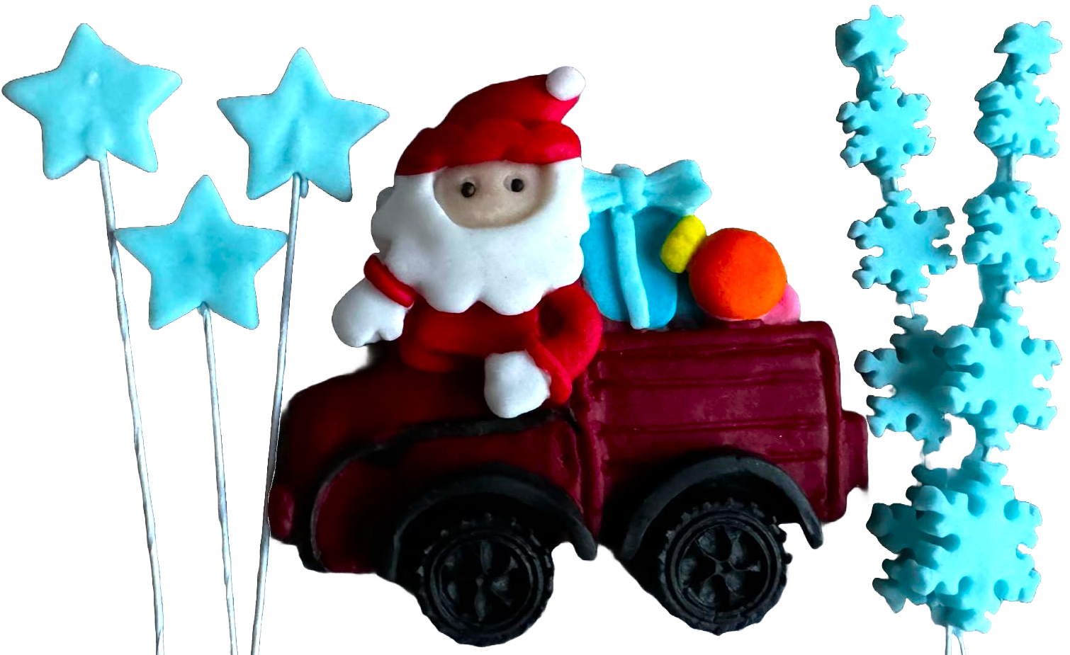Set med 6 ätbara dekorationer från sugarpaste, jul, tomtebil, stjärnor och snöflingor Dekorationer från Sugar Paste Naty Shop