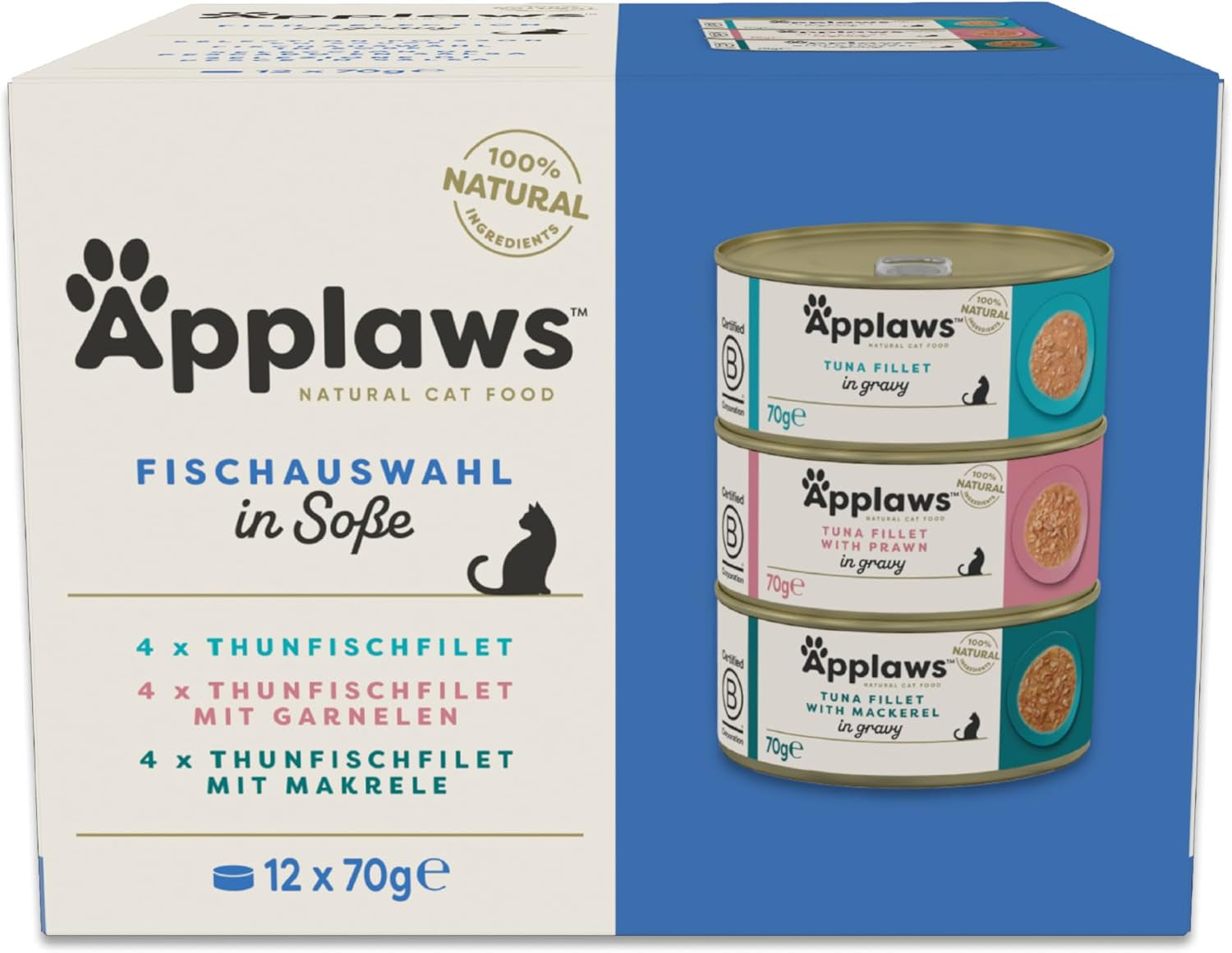 Applaws 100 % naturlig våt vuxen kattmat Diverse fisk i sås Multipack 12 lådor x 70 g
