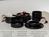 Svart servisskål och tallrik set i stengods [12 delar för 4 personer] 100 % handgjord svart servisset med reaktiv glasyr av högsta kvalitet