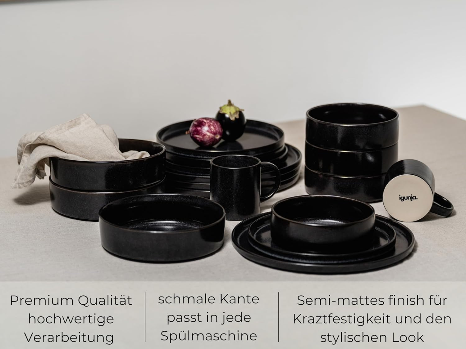 Svart servisskål och tallrik set i stengods [12 delar för 4 personer] 100 % handgjord svart servisset med reaktiv glasyr av högsta kvalitet