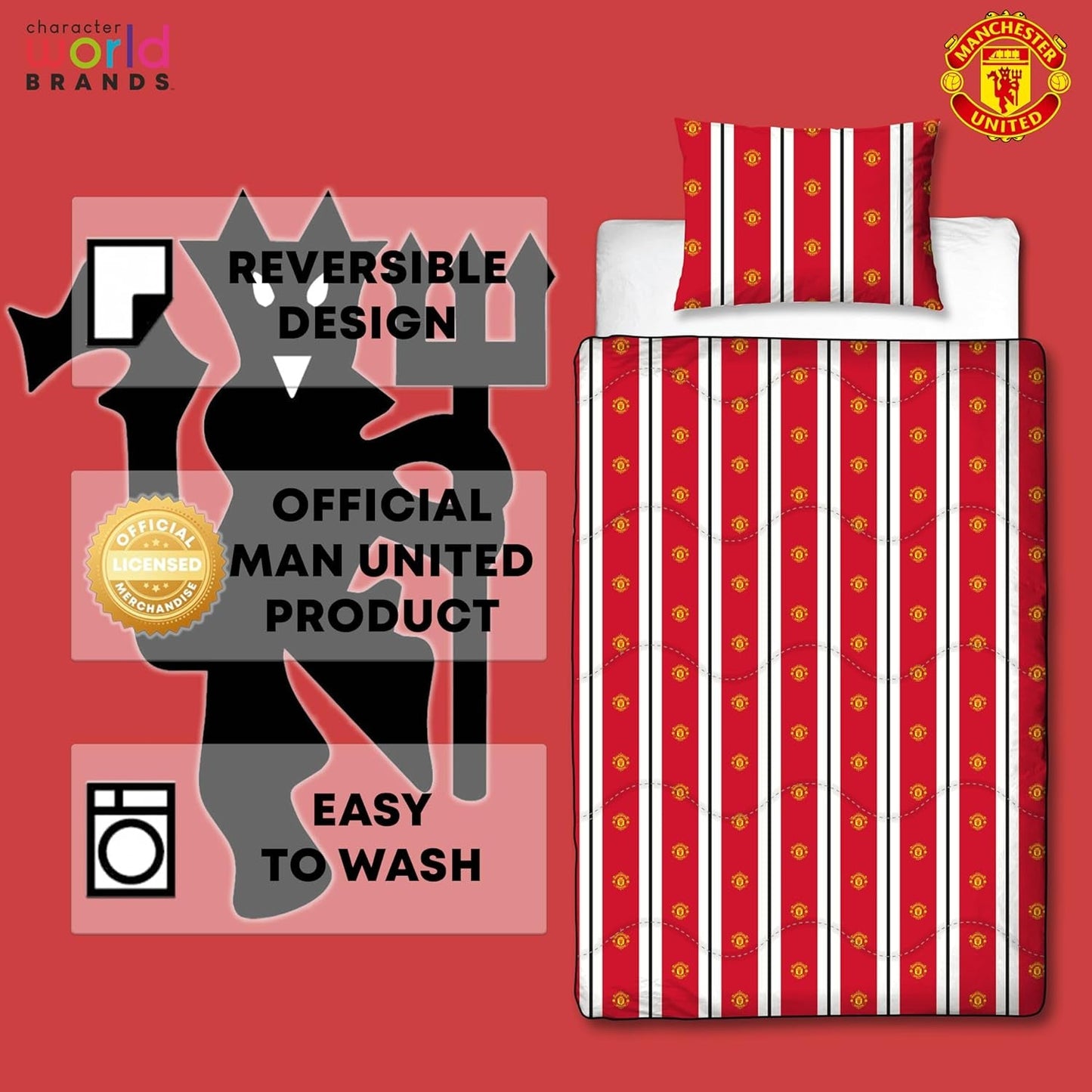 Manchester United FC officiellt enkeltäcke, vändbart, rött och vitt, utan överdrag, fotbollstäcke, örngott, tvättbart, perfekt för resor, övernattning, 10,5 Tog täcken och täcken Naty Shop