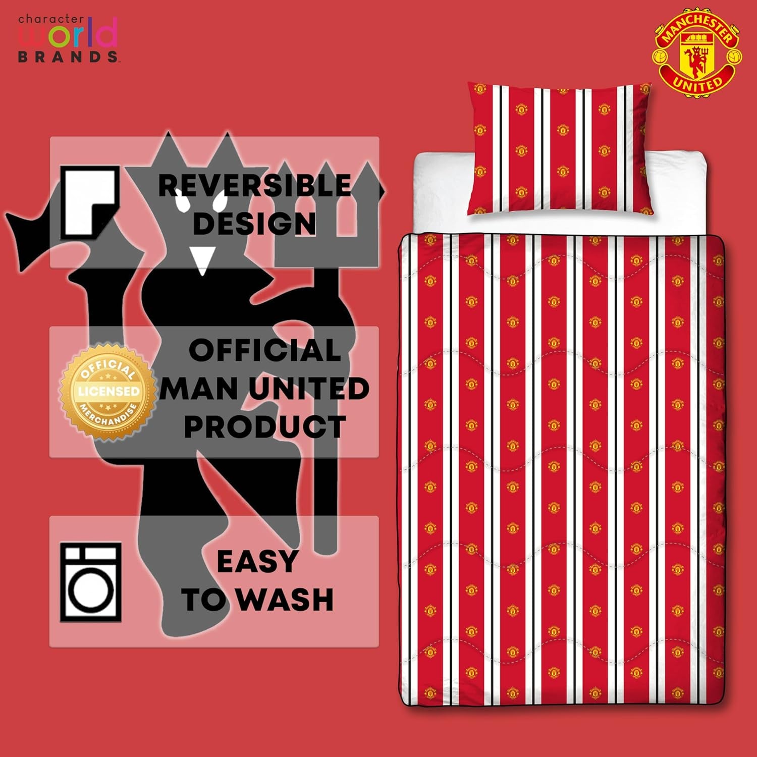 Manchester United FC officiellt enkeltäcke, vändbart, rött och vitt, utan överdrag, fotbollstäcke, örngott, tvättbart, perfekt för resor, övernattning, 10,5 Tog täcken och täcken Naty Shop
