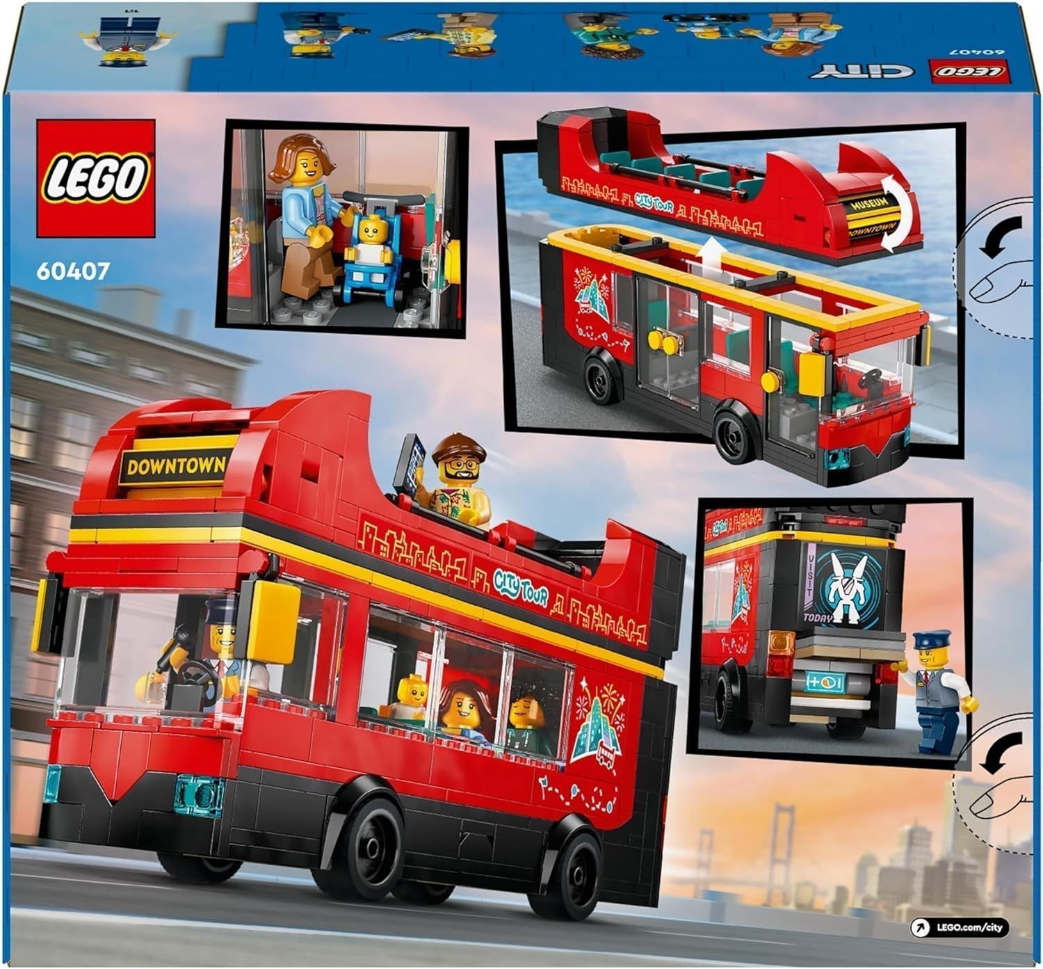 LEGO City dubbeldäckare buss, dubbeldäckare leksaksbuss, fordonsset för flickor och pojkar från 7 år, innehåller 5 figurer, inklusive en baby i en barnvagn 60407 Byggset Besuche den LEGO-Store