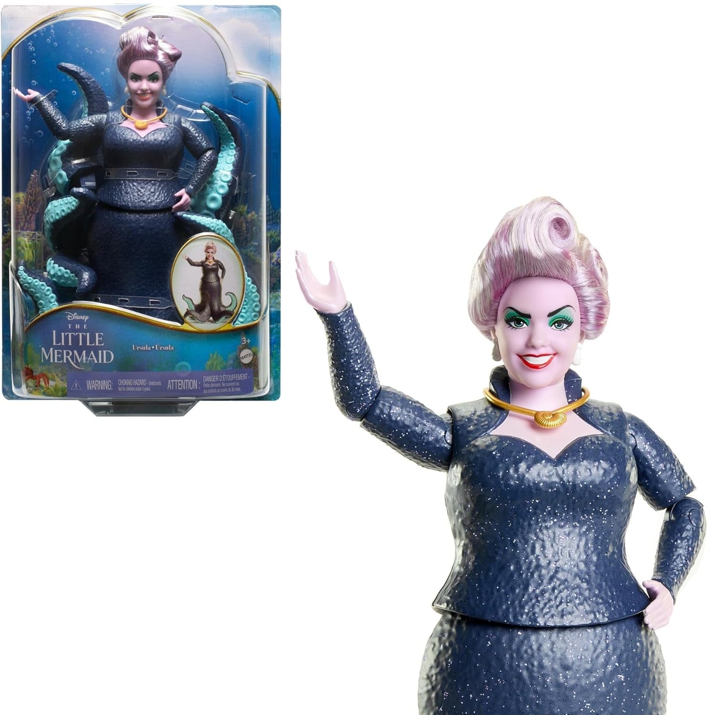 Mattel DISNEY Ariel, Mermaid - Ursula med tentakler, avtagbart halsband och lavendelfrisyr för oändligt frisörnöje, lämplig för barn från 3 år och uppåt, HLX12 Naty Shop Dolls Standardtitel