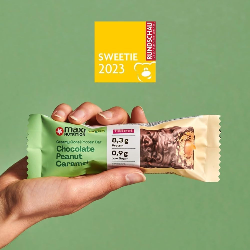 MaxiNutrition Krämig vegansk proteinbar med choklad, jordnötter och kola 12x45g - vegansk proteinbar, 18% protein, 8,3g per bar, låg sockerhalt (0,9g), inget tillsatt socker, inga konstgjorda smakämnen