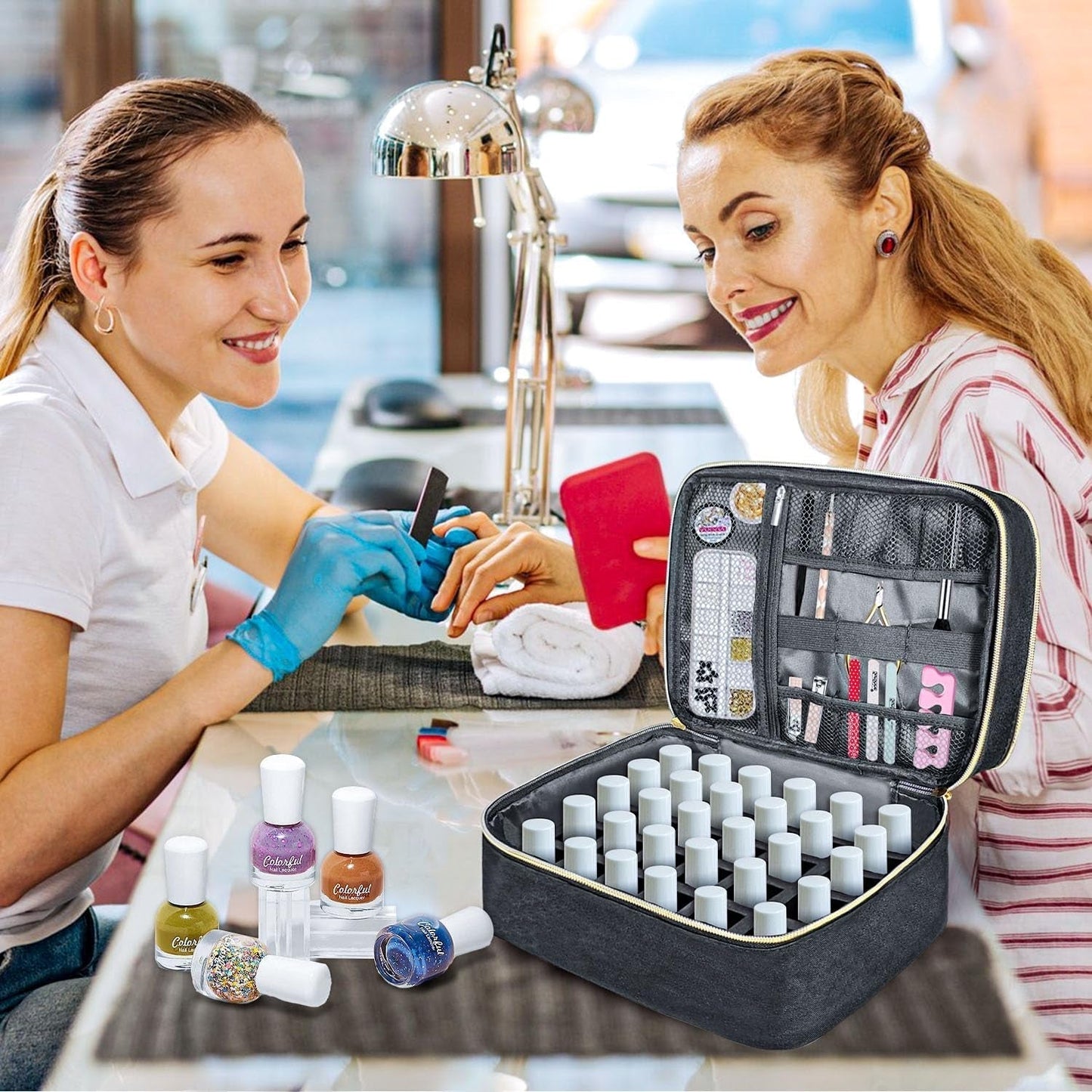 Nail Lacquer Organizer Tasche, Doppelschicht Nail Lacquer Förvaringsbox, Organizer Koffer Für Nageldesign Kosmetiktasche Für 30 Flaschen Neonail Base(15Ml-0,5 Fl.Oz) & 1 Nagellampa(Schwarz)