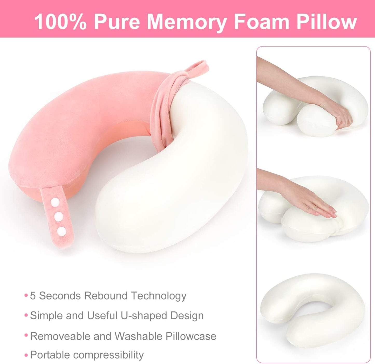 TALLGO Travel Nackkudde, Bästa Memory Foam Flygplanskudde för nackstöd, Mjuk justerbar kudde för flygplan, bil och hem, Rosa cervikala ortopediska kuddar Naty Shop