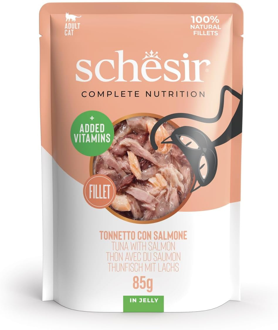 , Tunfisch mit Lachs in Gelee, komplettes Nassfutter für Katzen, im Beutel, 100% natürliche Inhaltsstoffe, tierversuchfrei, 12 x 85 g