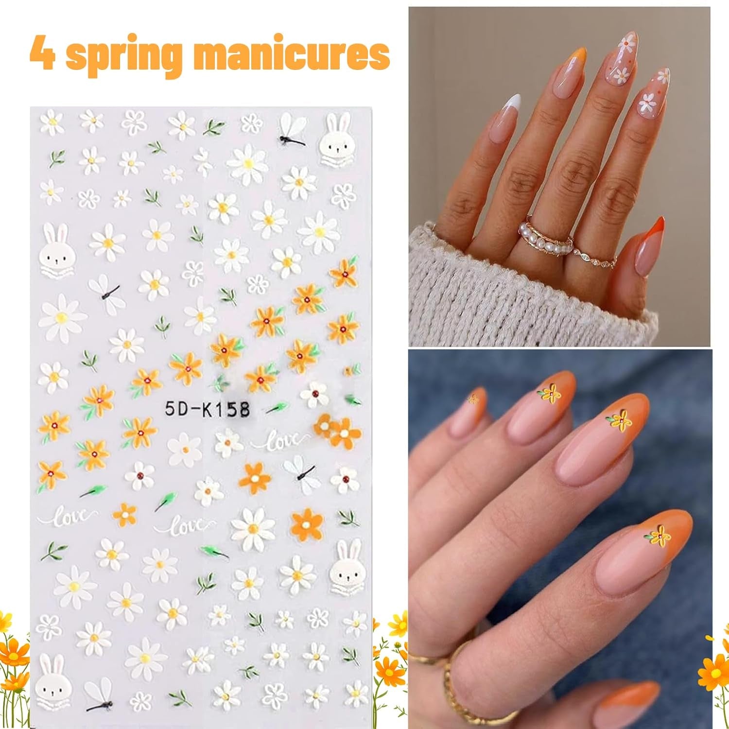Nagelsticker Set Für Einzigartiges Nageldesign, 4 Blatt Frühlingsthemen Nail Art Zubehör, Perfekt Für 3D Gel Nägel Och UV Gel Strips