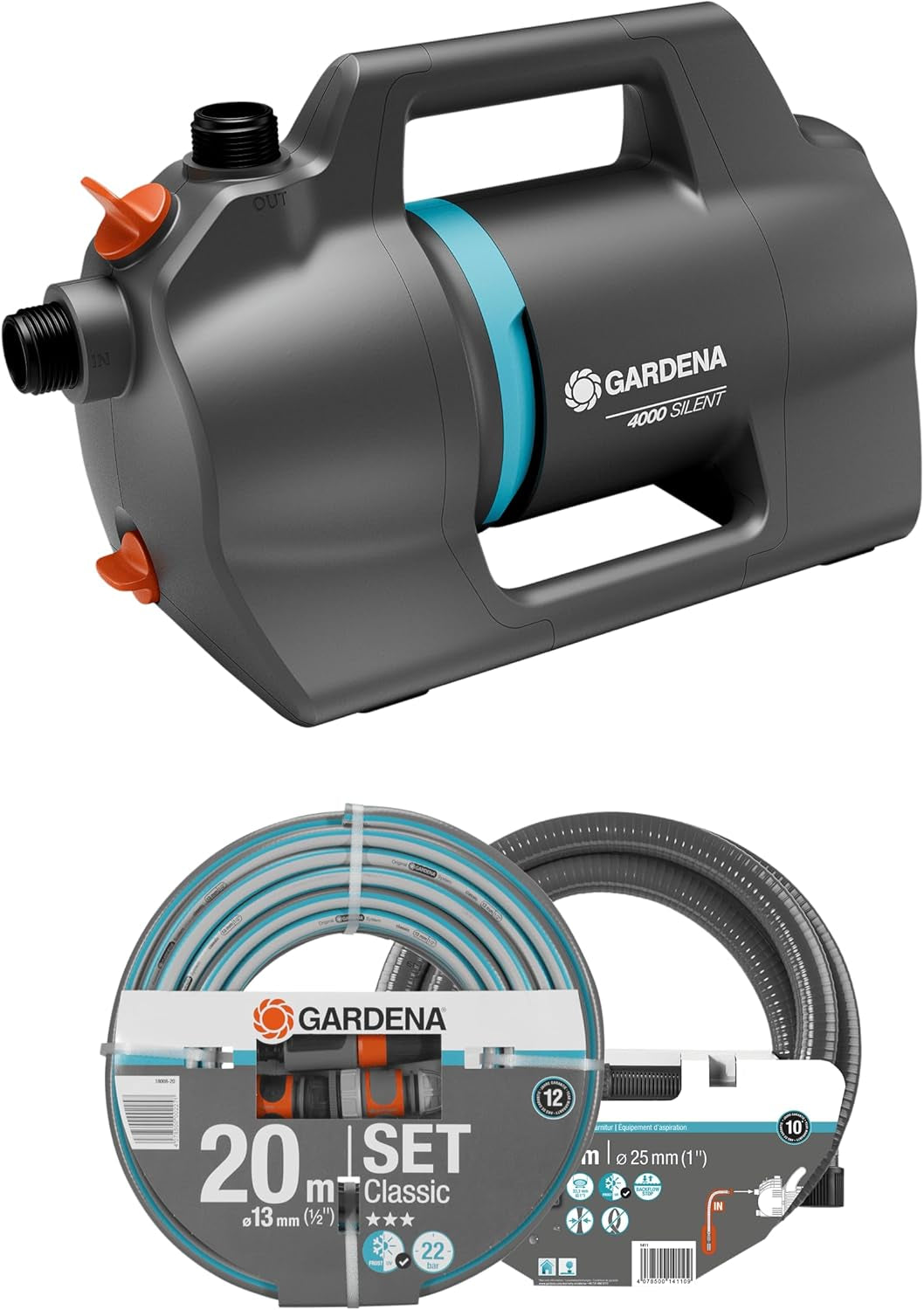 Gardena 4100 Silent Garden Pump Set: Mycket tyst och innovativ bevattningspump med 3,5 m suganslutning och 20 m klassisk slang, 4100L/h flöde, 550W motor, vattentät, ekonomisk (9051-20)