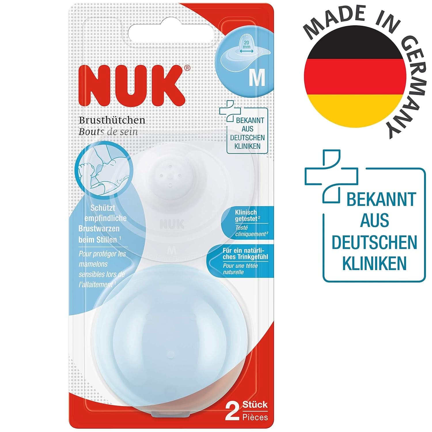 NUK Stillhütchen | Brusthütchen Zum Stillen | Schützt Vor Wunden Brustwarzen | Dünnes Silikon | Größe M (20Mm) | Inklusive Schutzdose | 2 Stück Barnmat och amningstillbehör Naty Shop