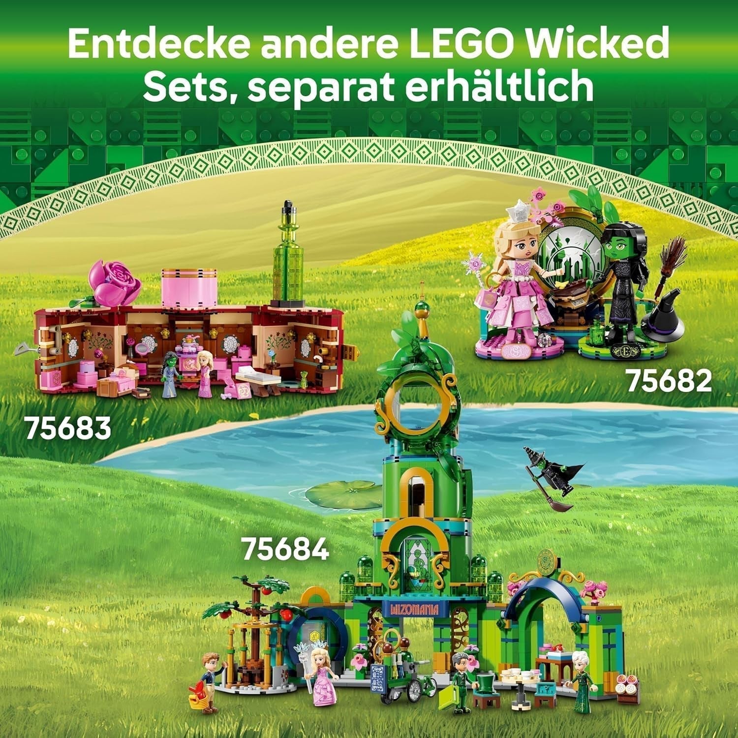 LEGO Wicked Välkommen till Emerald City tornleksak, Glinda och Elphaba minidockor, present till filmfantaster och tjejer och pojkar från 9 år som älskar dockskåp 75684 Byggset Besuche den LEGO-Store