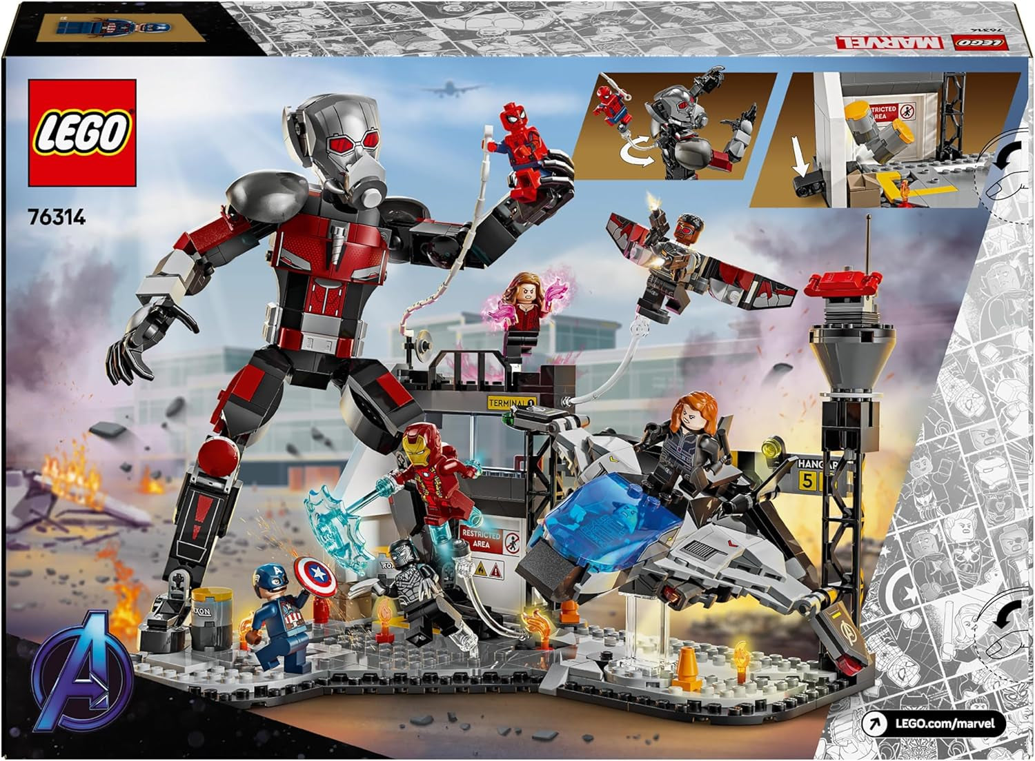 LEGO Marvel Captain America: Civil War Action Duell - Superhjältelekset med 8 minifigurer - Bygg- och lekset för leksaksflygplan - Present till pojkar och flickor 76314 Byggset Besuche den LEGO-Store