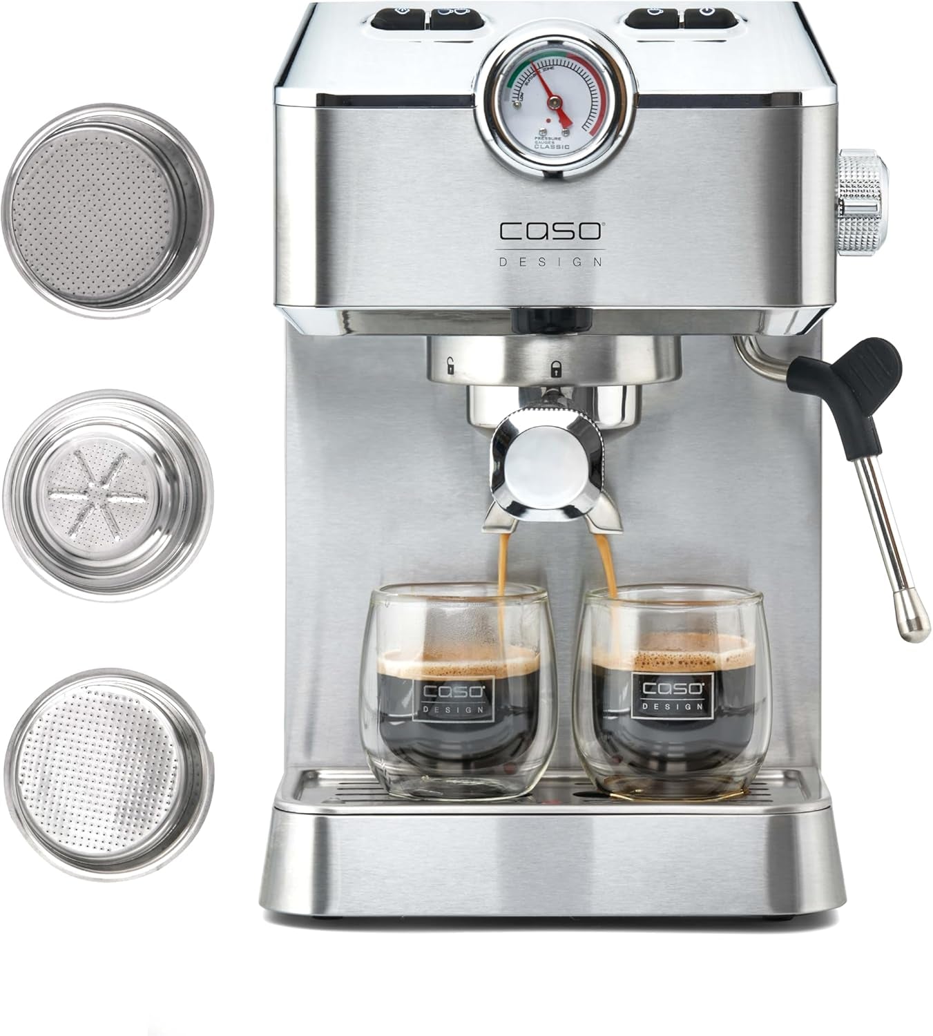 Caso Espresso Gourmet - Portafilter Espressomaskin i rostfritt stål, kraftfull 19 bars Ulka-pump, med mjölkskummare, för malet kaffe eller ESE-kaffekapslar, för 2 koppar, med koppvärmare