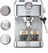 Caso Espresso Gourmet - Portafilter Espressomaskin i rostfritt stål, kraftfull 19 bars Ulka-pump, med mjölkskummare, för malet kaffe eller ESE-kaffekapslar, för 2 koppar, med koppvärmare