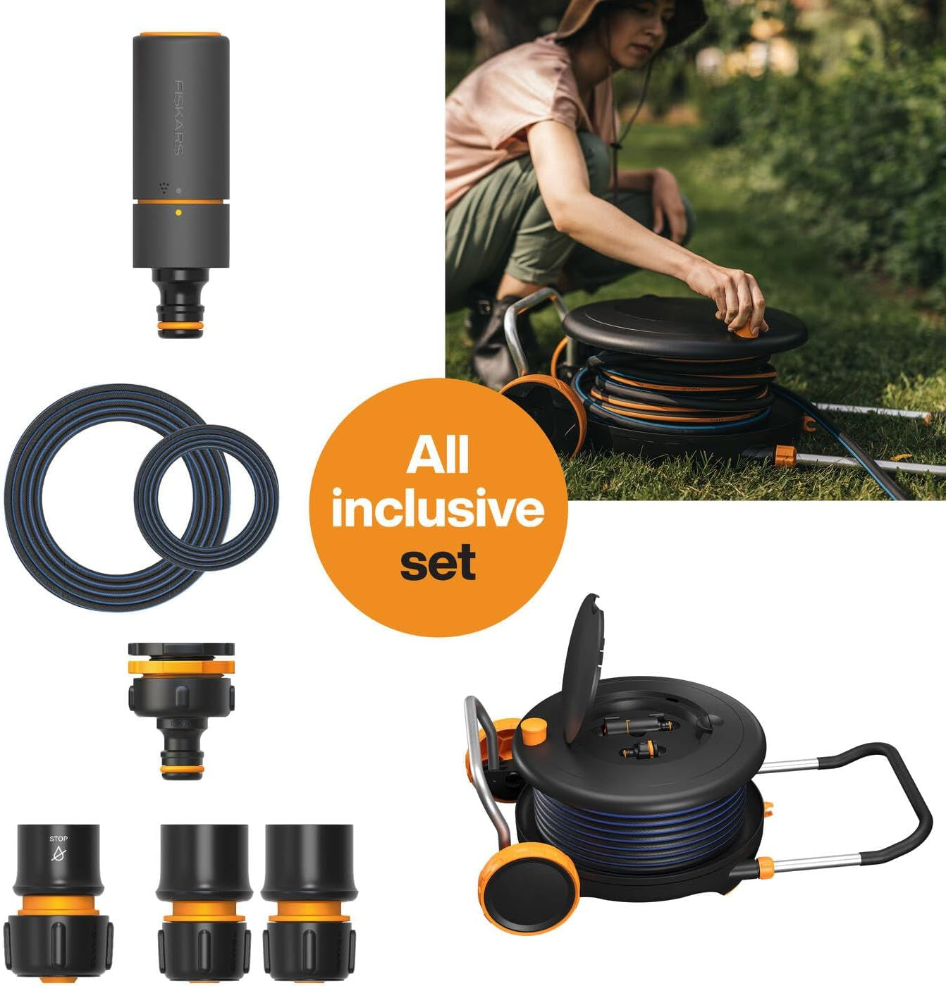 Fiskars Comfort L vattenhjul med hjul, all-inclusive bevattningsset, total räckvidd 31,5 m, automatisk upprullning, universal trädgårdsslang (Ø 13 mm), universal krananslutning, 1071670