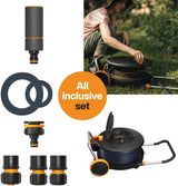 Fiskars Comfort L vattenhjul med hjul, all-inclusive bevattningsset, total räckvidd 31,5 m, automatisk upprullning, universal trädgårdsslang (Ø 13 mm), universal krananslutning, 1071670