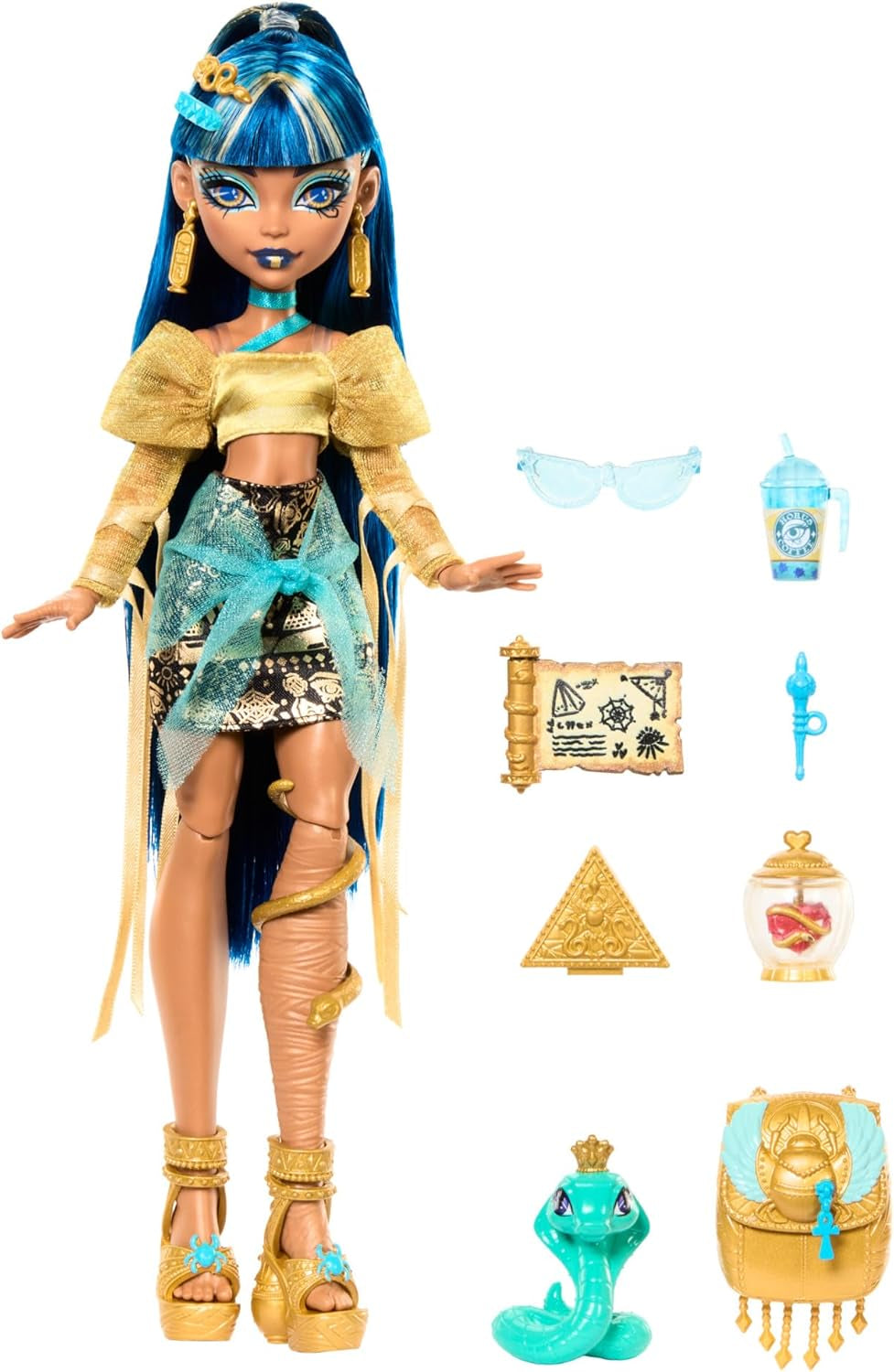 Monster High Cleo De Nile docka i guldblus och lagerkjol, inkluderar Hissette cobra och tillbehör som en skolväska, ett mellanmål och en rulle toalettpapper, HXH74