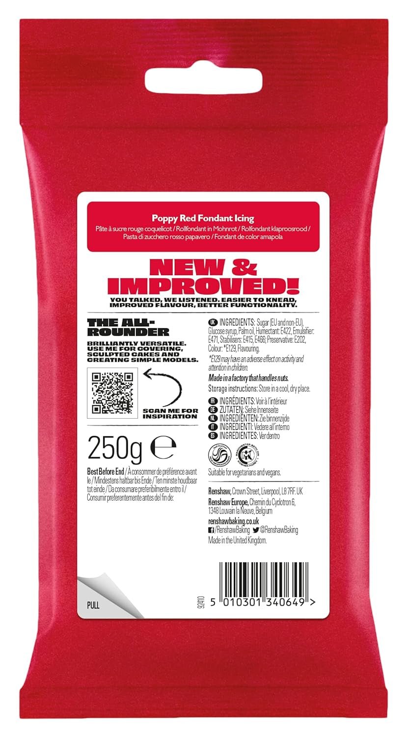 Fondant Poppy Red 250g - Klar att rulla, perfekt för glasyr och dekoration av tårtor, cupcakes och kex - Vallmoröd - 250g Sugarpasta Naty Shop