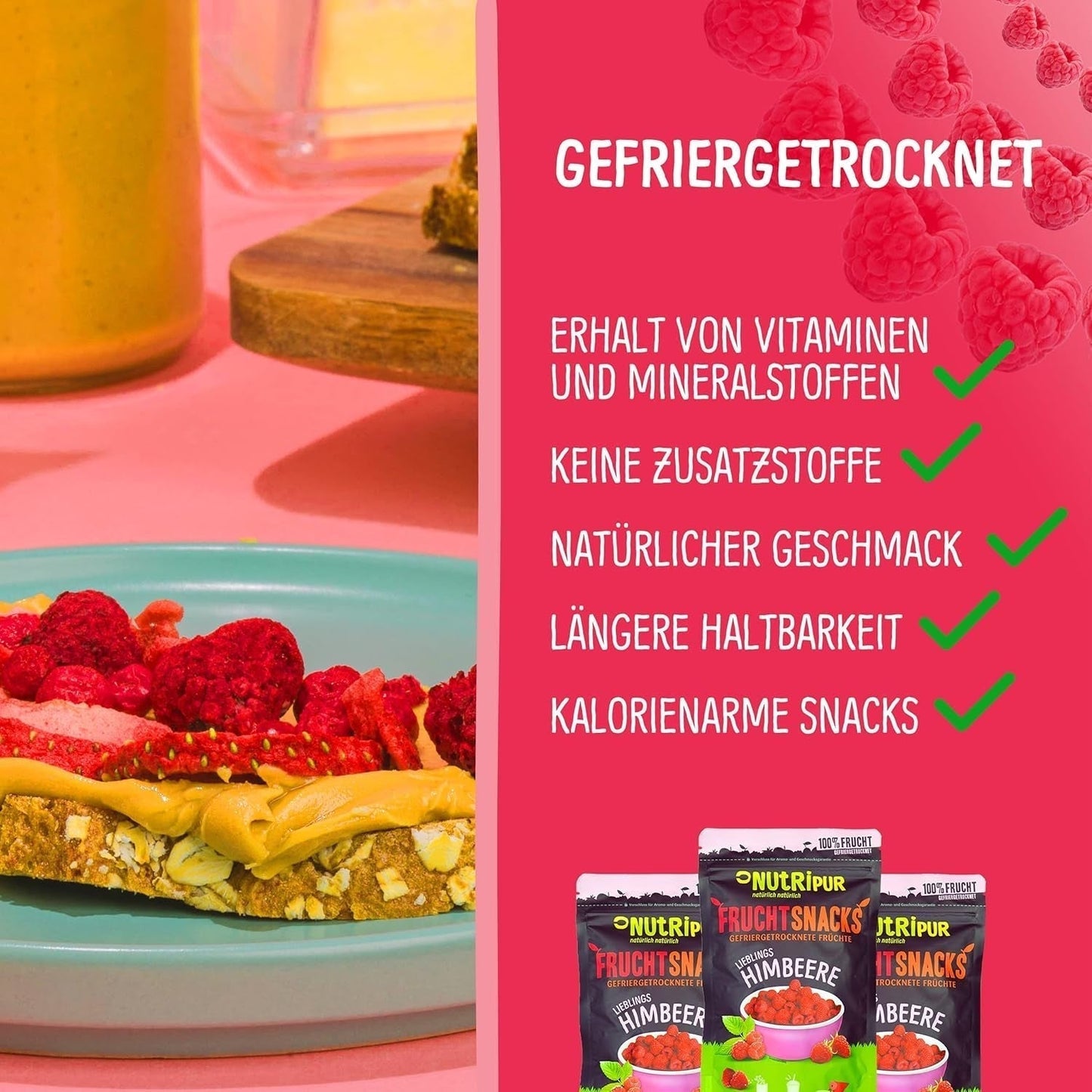 Frystorkade frukter: 100g frystorkade hallon till smoothie bowls, müsli, grötpålägg - frystorkade bär utan tillsatt socker - frystorkade bär - frukter från NutriPur Dehydrerade produkter Naty Shop