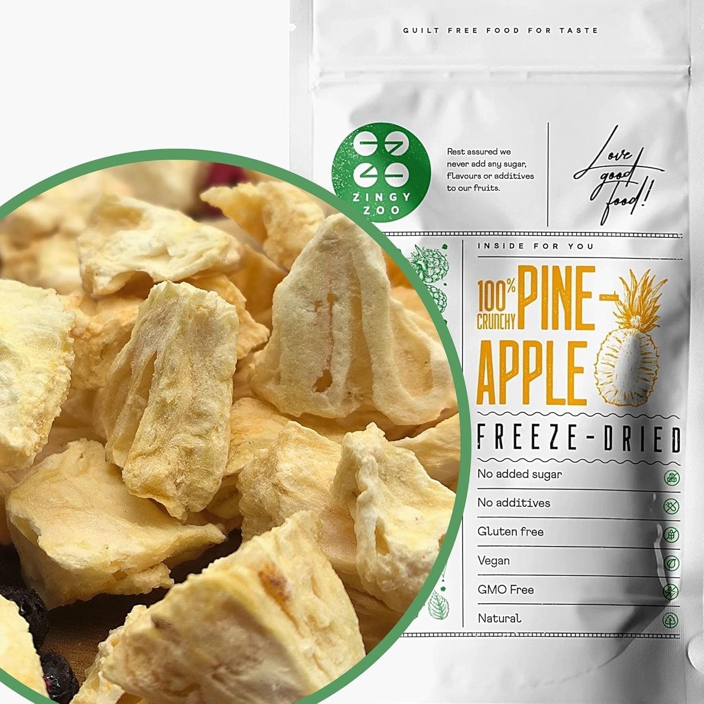 Frystorkade frukter | Ananas 100% ren Frystorkad frukt Frystorkad ananas | Frystorkad frukt utan tillsatt socker | Krispig frystorkad ananas - aromatisk - läcker ZingyZoo Dehydrerade produkter Naty Shop 100G