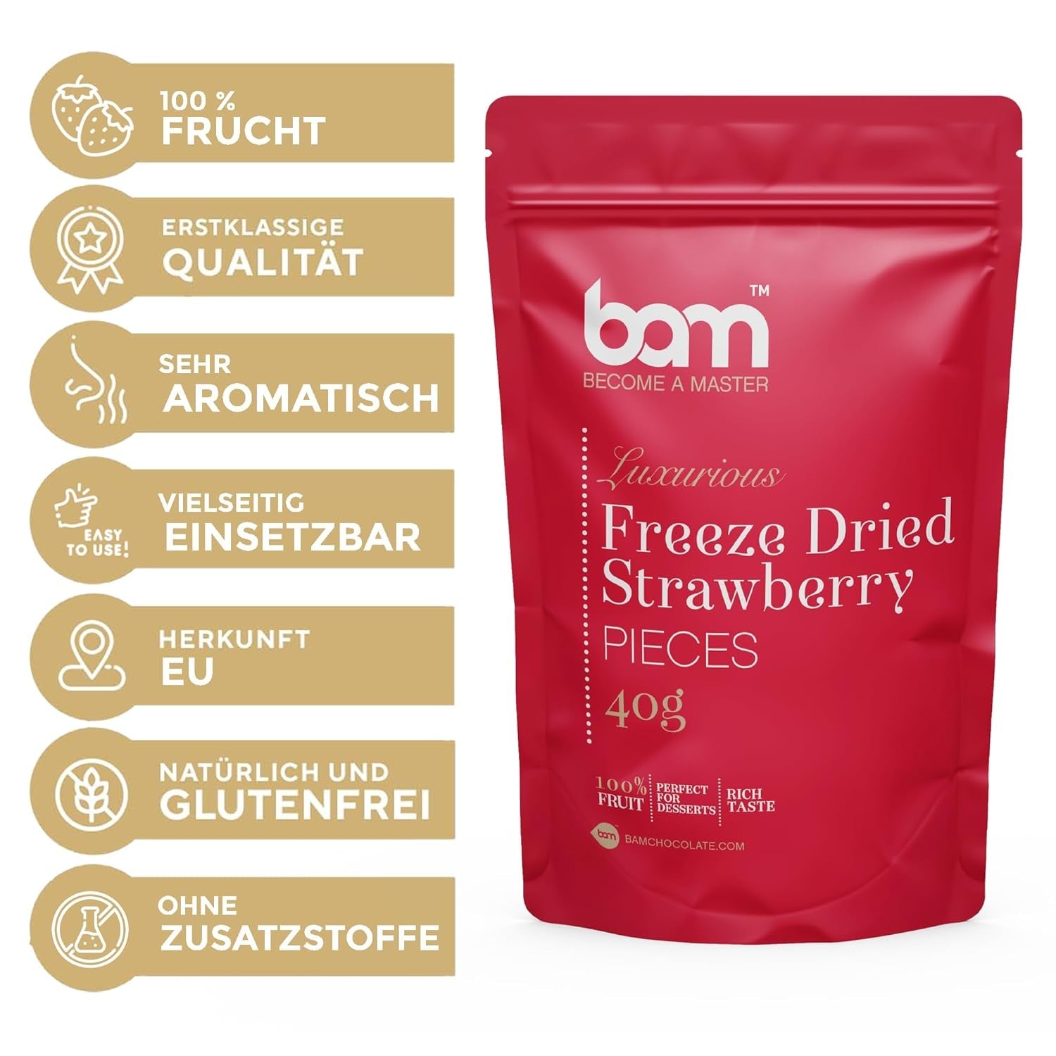 Frystorkad frukt BAM, 40 gram, naturlig frukt, perfekta desserter, rik smak (jordgubb) Torkade produkter Naty Shop