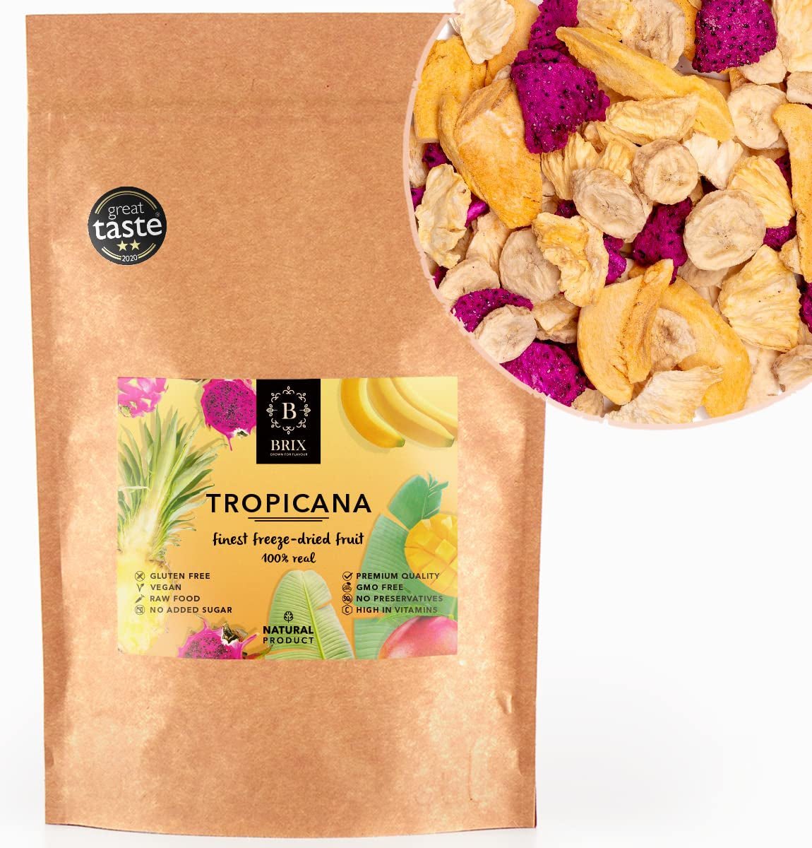 Frystorkade frukter BRIX | Naturlig, torr blandning av tropiska frukter 80 g | Great Taste Award för torkad frukt | Icke-GMO, glutenfri, vegan, vitaminer konserveras Naty Shop Dehydrerade produkter Standardtitel