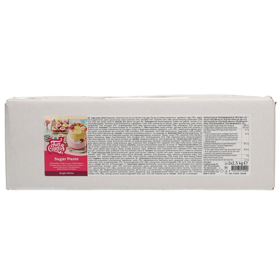 FunCakes Roll Fondant Bright White: Lätt att använda, smidig, flexibel, mjuk och följsam, perfekt för att dekorera kakor, halal, kosher och glutenfri. 5 kg (2 Ã- 2,5 kg) Naty Shop Standardtitel sockerpasta