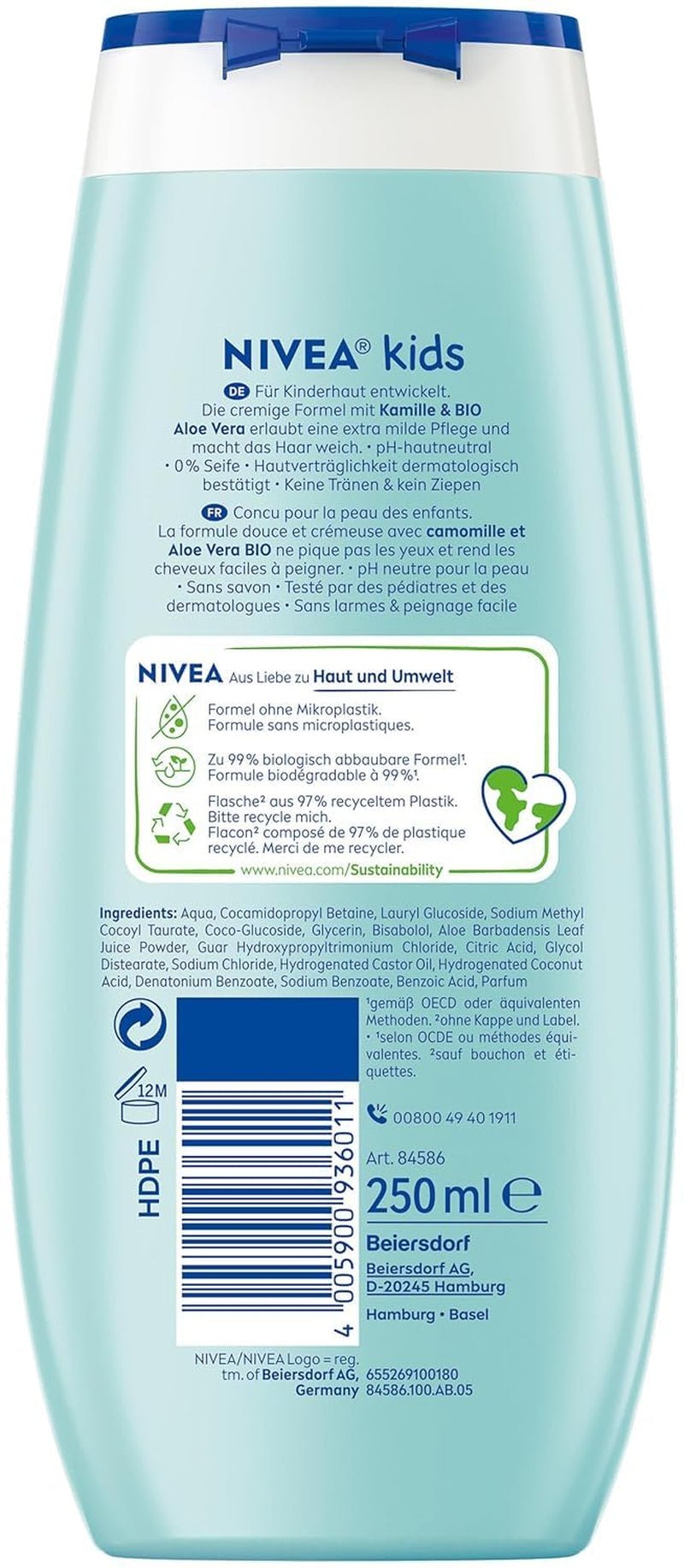 Duschgel, schampo och balsam NIVEA KIDS 3in1, vård och rengöring för barn med magisk äppeldoft, extra mild, tvålfri vård för barns hår och hud (250 ml) Barn - Bad och hudvård Naty Shop