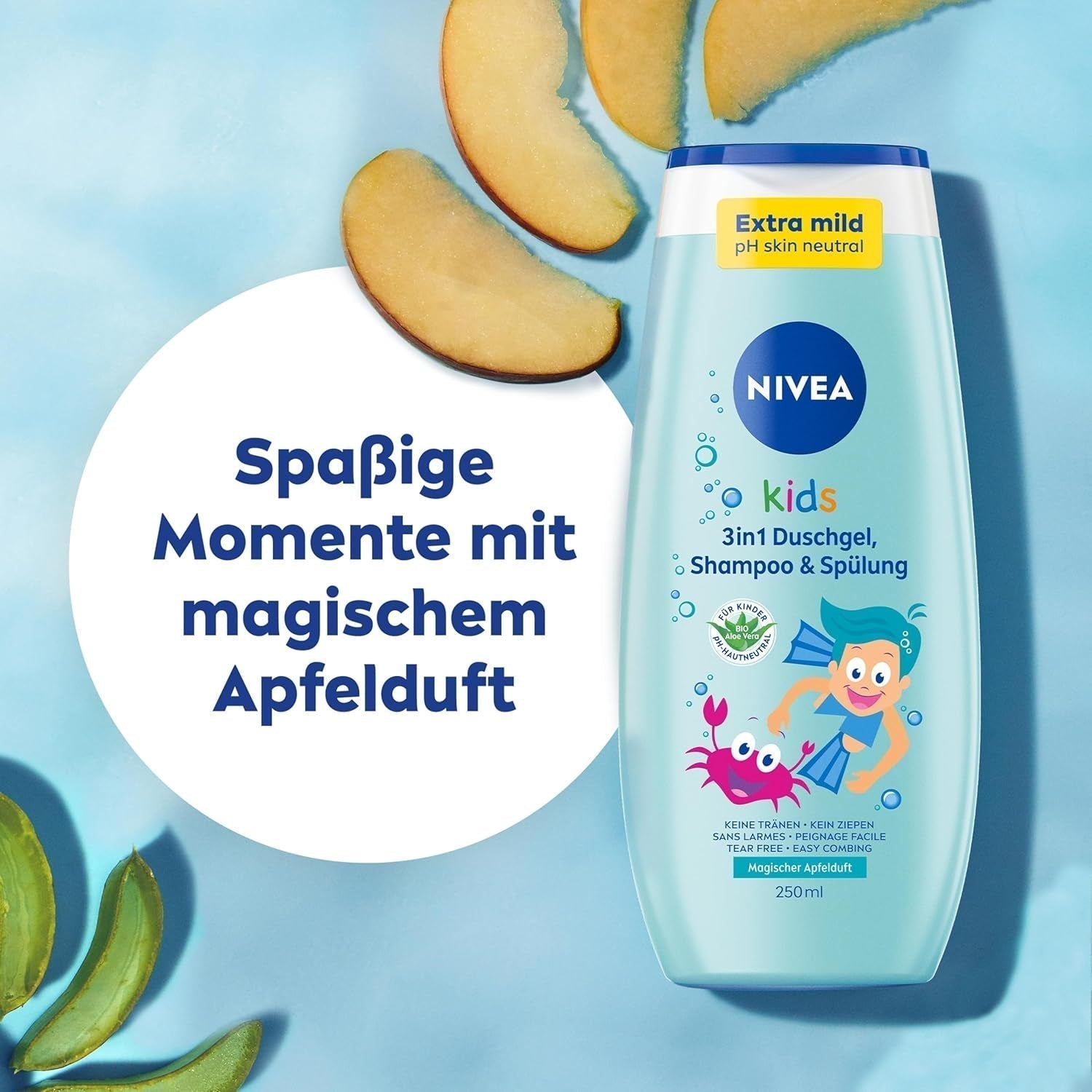 Duschgel, schampo och balsam NIVEA KIDS 3in1, vård och rengöring för barn med magisk äppeldoft, extra mild, tvålfri vård för barns hår och hud (250 ml) Barn - Bad och hudvård Naty Shop