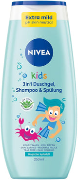 Duschgel, schampo och balsam NIVEA KIDS 3in1, vård och rengöring för barn med magisk äppeldoft, extra skonsam, tvålfri vård för barns hår och hud (250 ml) Barn - Bad och Hudvård Naty Shop Äppeldoft - 0 mikroplaster