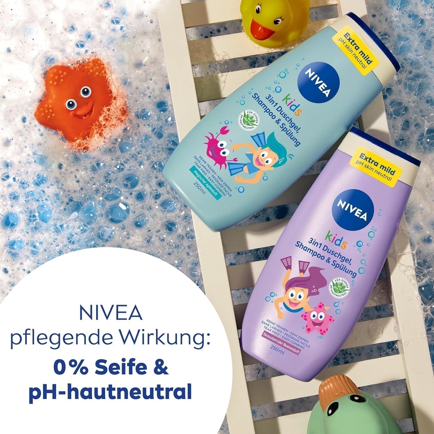 Duschgel, schampo och balsam NIVEA KIDS 3in1, vård och rengöring för barn med magisk äppeldoft, extra mild, tvålfri vård för barns hår och hud (250 ml) Barn - Bad och hudvård Naty Shop