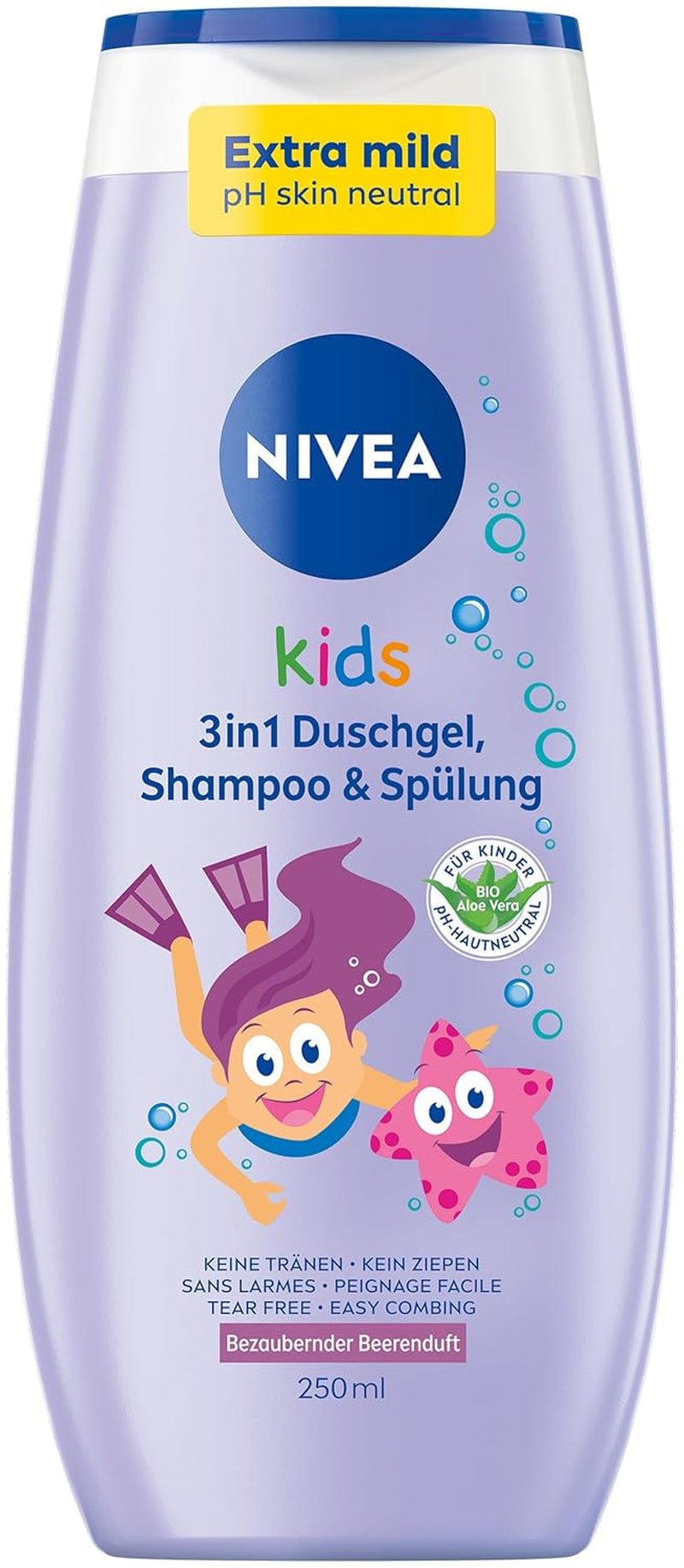 Duschgel, schampo och balsam NIVEA KIDS 3in1, vård och rengöring för barn med magisk äppeldoft, extra mild, tvålfri vård för barns hår och hud (250 ml) Barn - Bad och hudvård Naty Shop 250ml