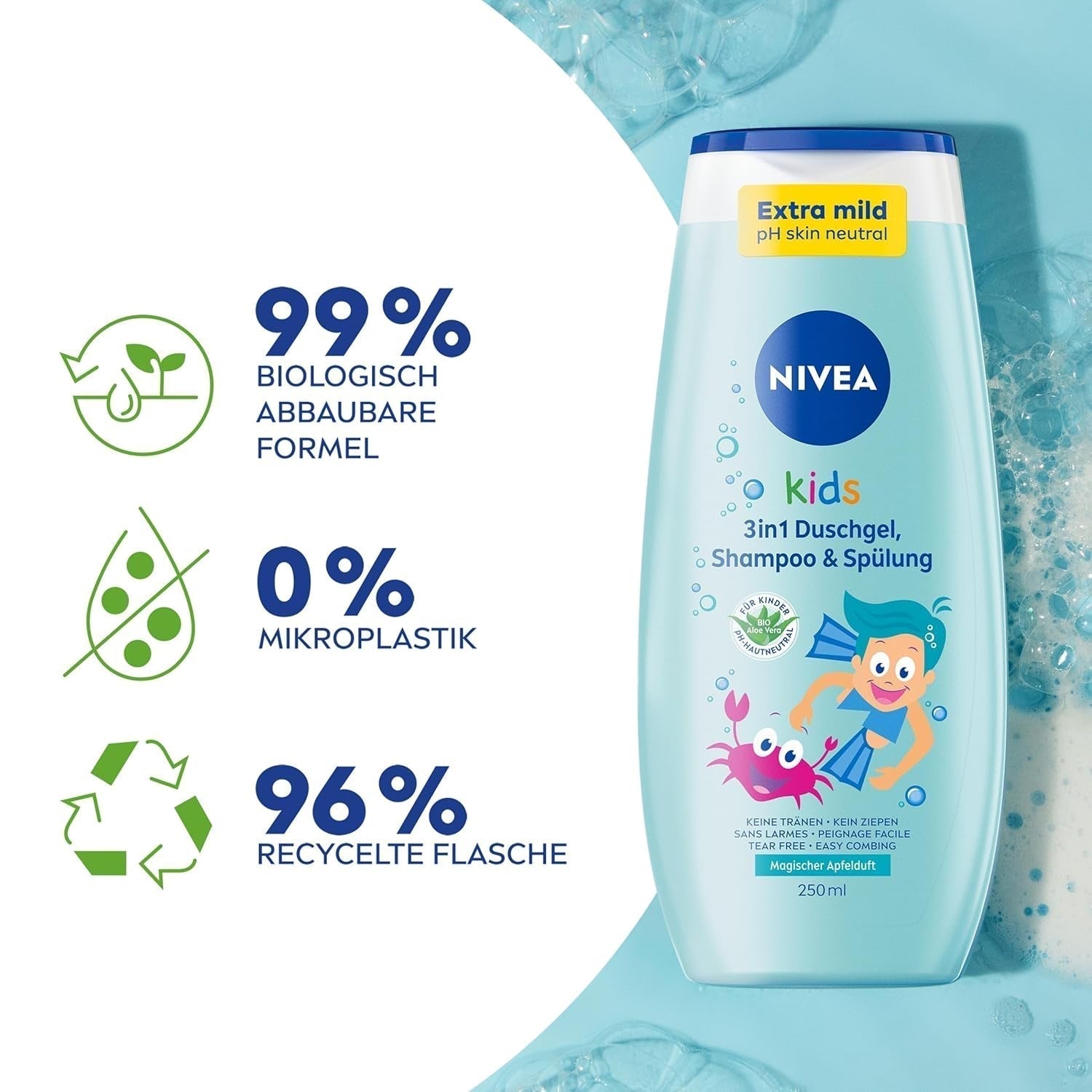 Duschgel, schampo och balsam NIVEA KIDS 3in1, vård och rengöring för barn med magisk äppeldoft, extra mild, tvålfri vård för barns hår och hud (250 ml) Barn - Bad och hudvård Naty Shop