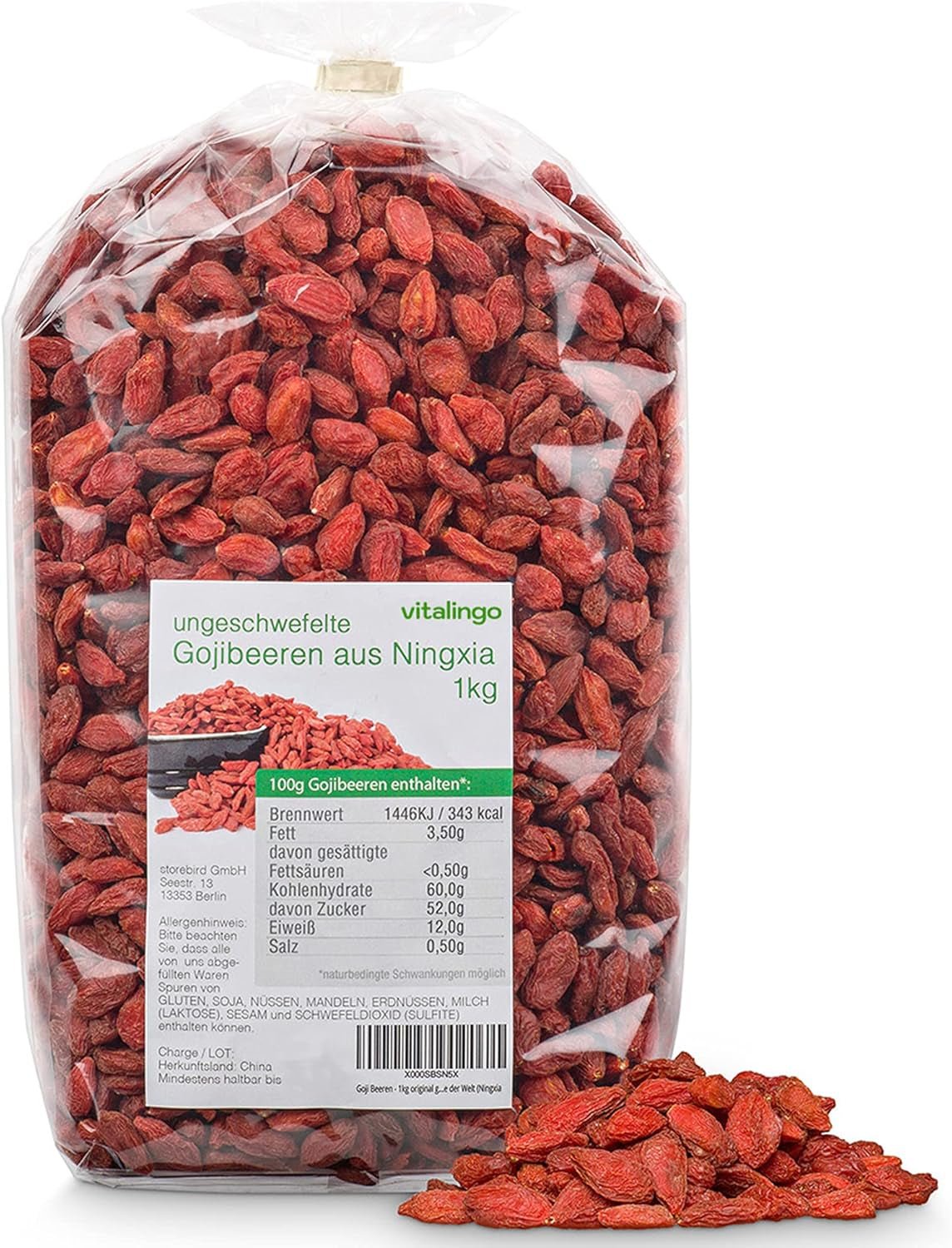 Gojibär - 1 kg torkade och osavlade gojibär från en av de bästa odlingsregionerna i världen, Ningxia Kina Torkade produkter Naty Shop Standardtitel