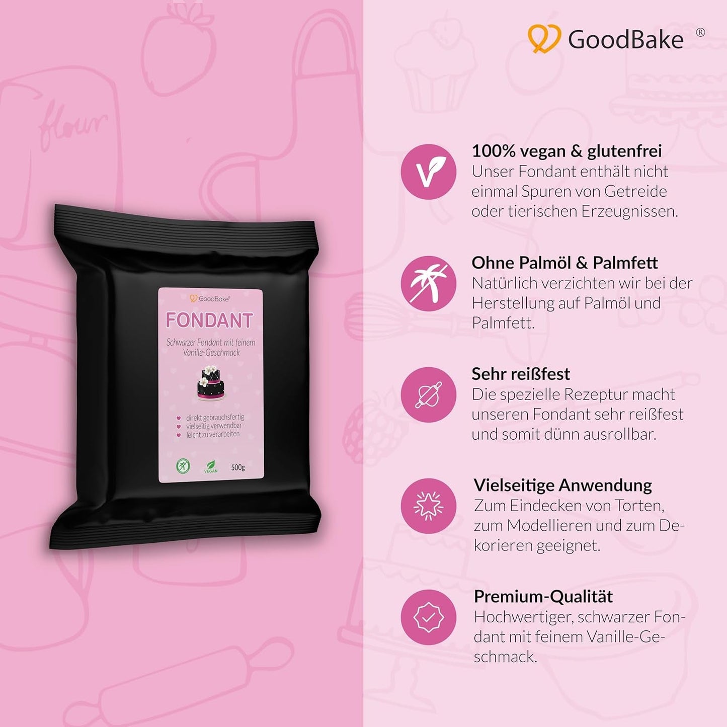 GoodBake svart fondant 500g, rullad fondant för beläggning, formning, dekoration av tårtor, figurer, sockerblommor med mera, palmoljefri, vegan, glutenfri Sockerpasta Naty Shop