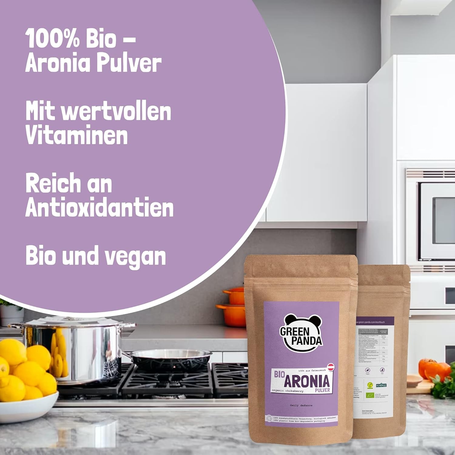 GREEN PANDA® ekologiskt aroniapulver från Österrike | finmalda torkade aronia | ekologiska aronia utan tillsatser | regionalt alternativ till acaipulver och gojibär | 500g Naty Shop torkade produkter