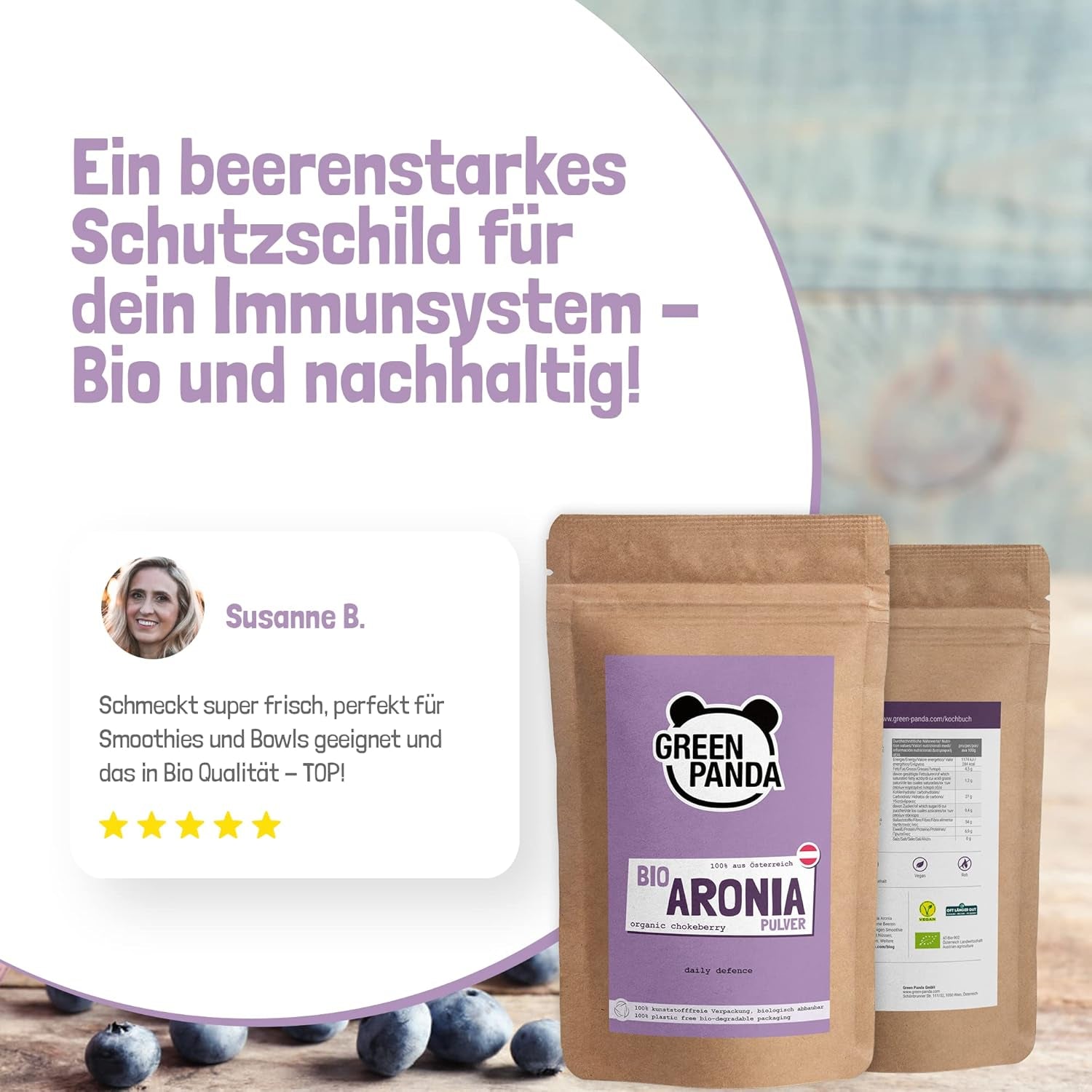 GREEN PANDA® ekologiskt aroniapulver från Österrike | finmalda torkade aronia | ekologiska aronia utan tillsatser | regionalt alternativ till acaipulver och gojibär | 500g Naty Shop torkade produkter