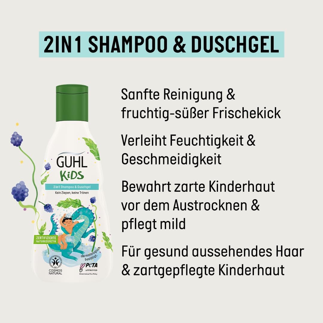Guhl Kids Dino fördelningsset - 2x Guhl Kids 2 i 1 schampo & duschgel, 250ml + 1x Pixi-bok - Speciellt utvecklad för barn - Ingen dragning - Cosmos Natural Certificate Barn - Bad och hudvård Naty Shop